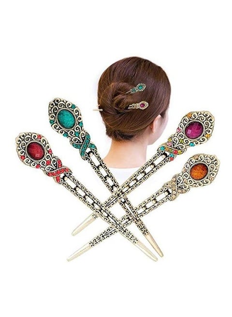 4 Piece Chinese Vintage Rhinestone Hair Chopstick Multicolour