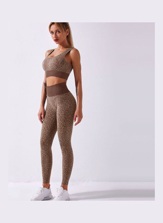 2-Piece Leopard Printed Sports Bra And High Waist Legging Set Coffee  - Image 1
