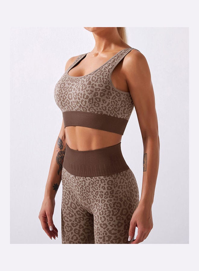 2-Piece Leopard Printed Sports Bra And High Waist Legging Set Coffee  - Image 2