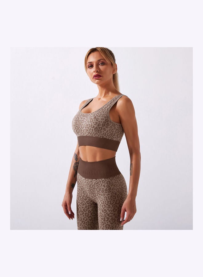 2-Piece Leopard Printed Sports Bra And High Waist Legging Set Coffee  - Image 4