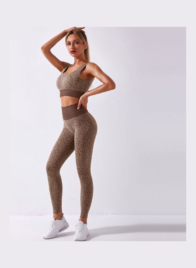 2-Piece Leopard Printed Sports Bra And High Waist Legging Set Coffee  - Image 5