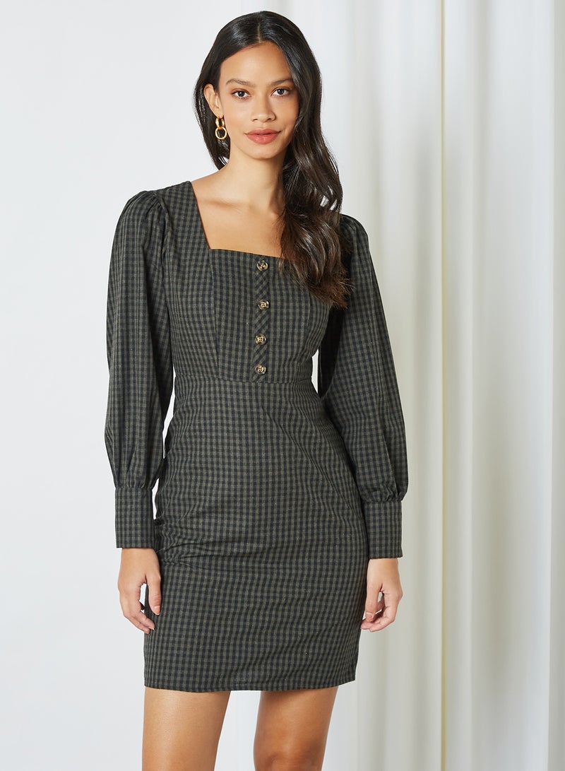 trendyol - Checked Button Detail Dress Khaki - Image 1
