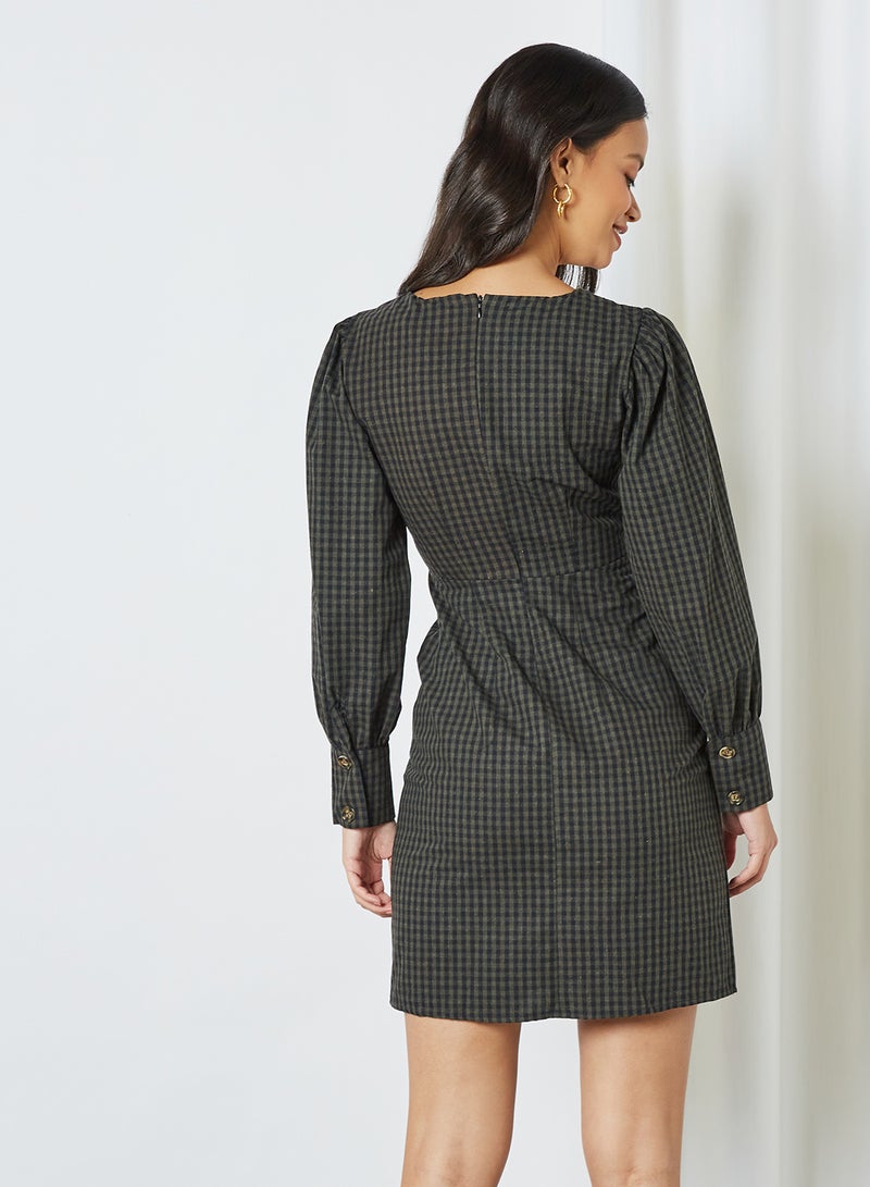 trendyol - Checked Button Detail Dress Khaki - Image 1