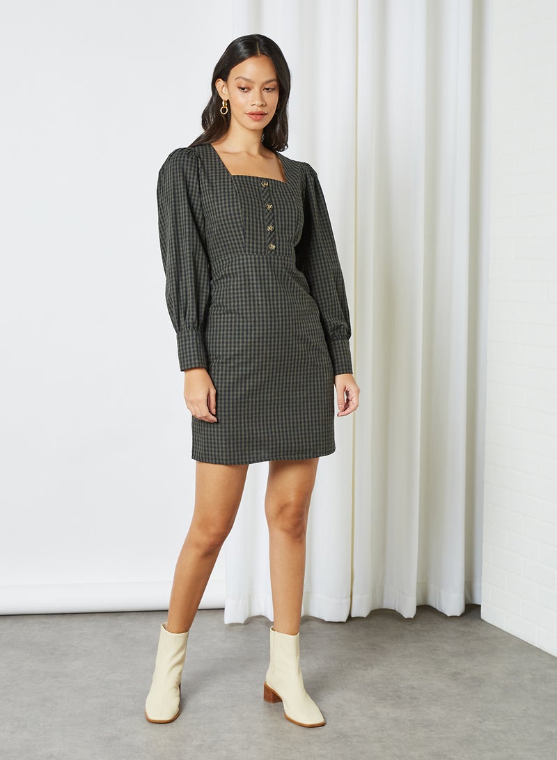 trendyol - Checked Button Detail Dress Khaki - Image 1