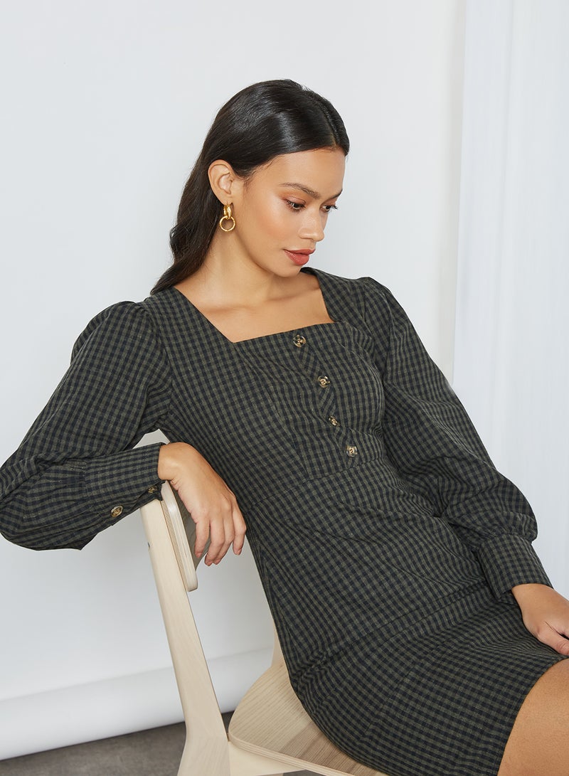 trendyol - Checked Button Detail Dress Khaki - Image 1