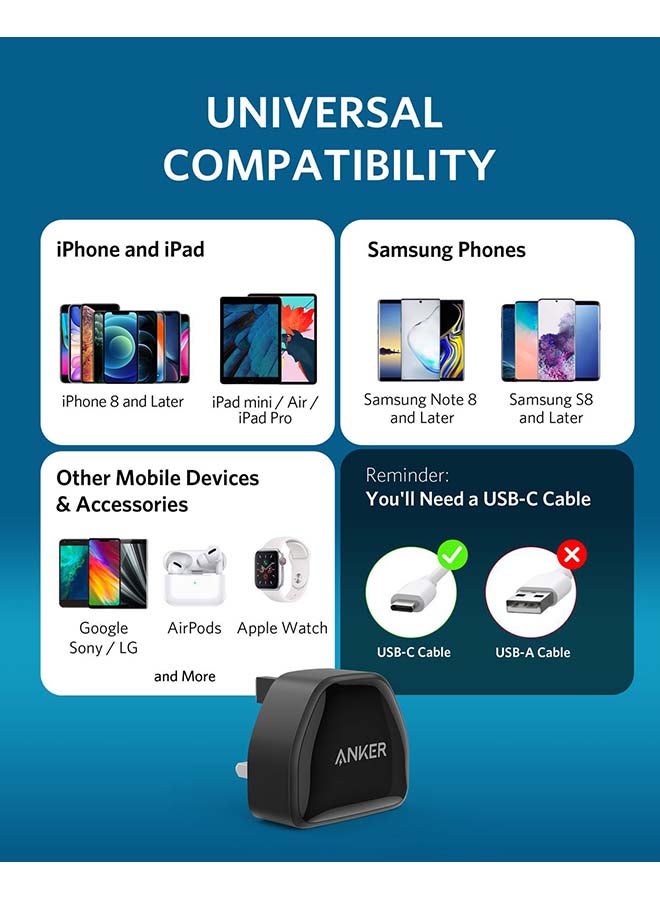 Anker - Nano iPhone Charger, 20W PIQ 3.0 Durable Compact Fast Charger, PowerPort III USB-C Charger for iPhone 16/16 Pro/16 Plus /16 Pro Max, 15/14/13 Series, Galaxy, iPad (Cable Not Included) Black - Image 1