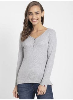 Henley Neck Long Sleeve T-Shirt Grey Melange