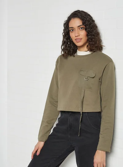 trendyol Front Pocket Cropped Sweatshirt Khaki