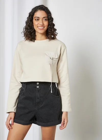 trendyol Front Pocket Cropped Sweatshirt Stone