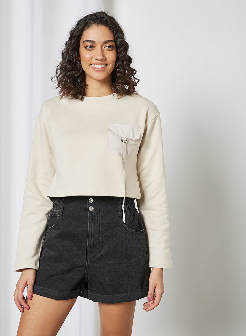 trendyol - Front Pocket Cropped Sweatshirt Stone - Image 1
