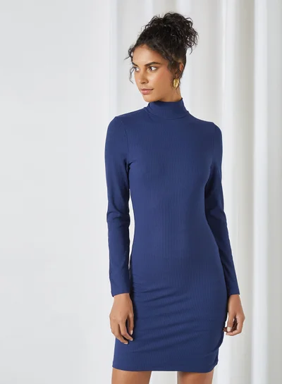 trendyol High Neck Ribbed Dress Navy