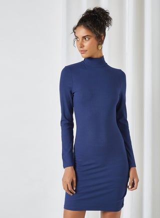 High Neck Ribbed Dress Navy