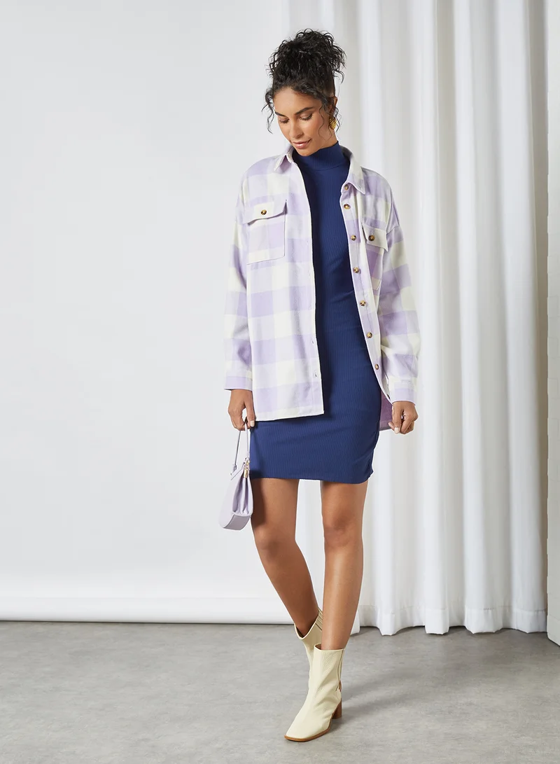 trendyol High Neck Ribbed Dress Navy