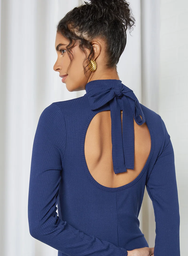 trendyol High Neck Ribbed Dress Navy