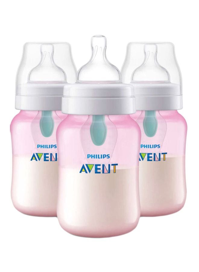 PHILIPS AVENT Pack of 3 Anti-Colic Feeding Bottles with Air-Free Vent, 260 ml, Pink/Clear/White  - Image 1