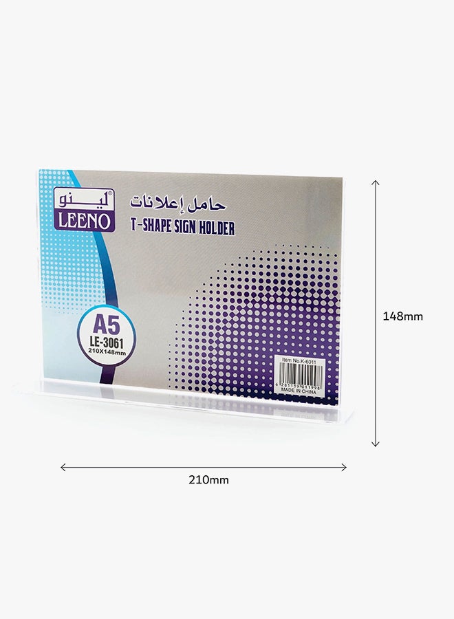 LEENO A5 T-Shape Horizontal Orientation Sign Holder Clear - Image 2