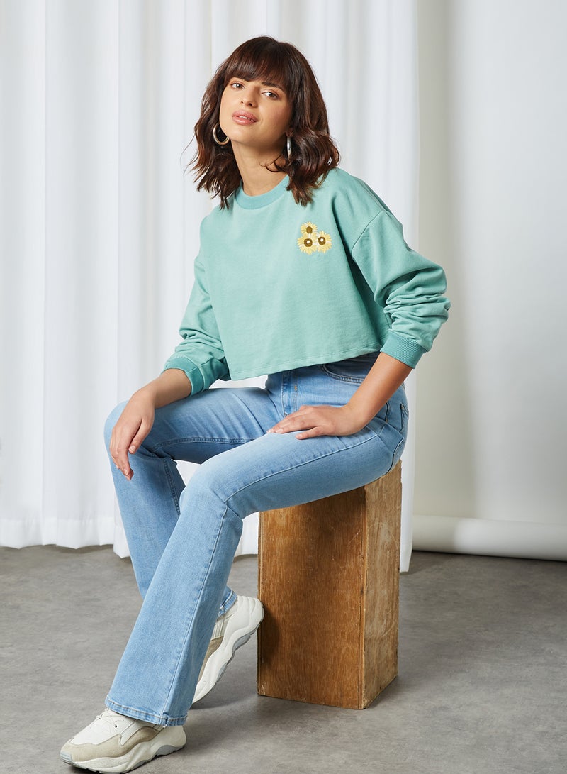 trendyol - Flower Graphic Cropped Sweatshirt Mint - Image 1