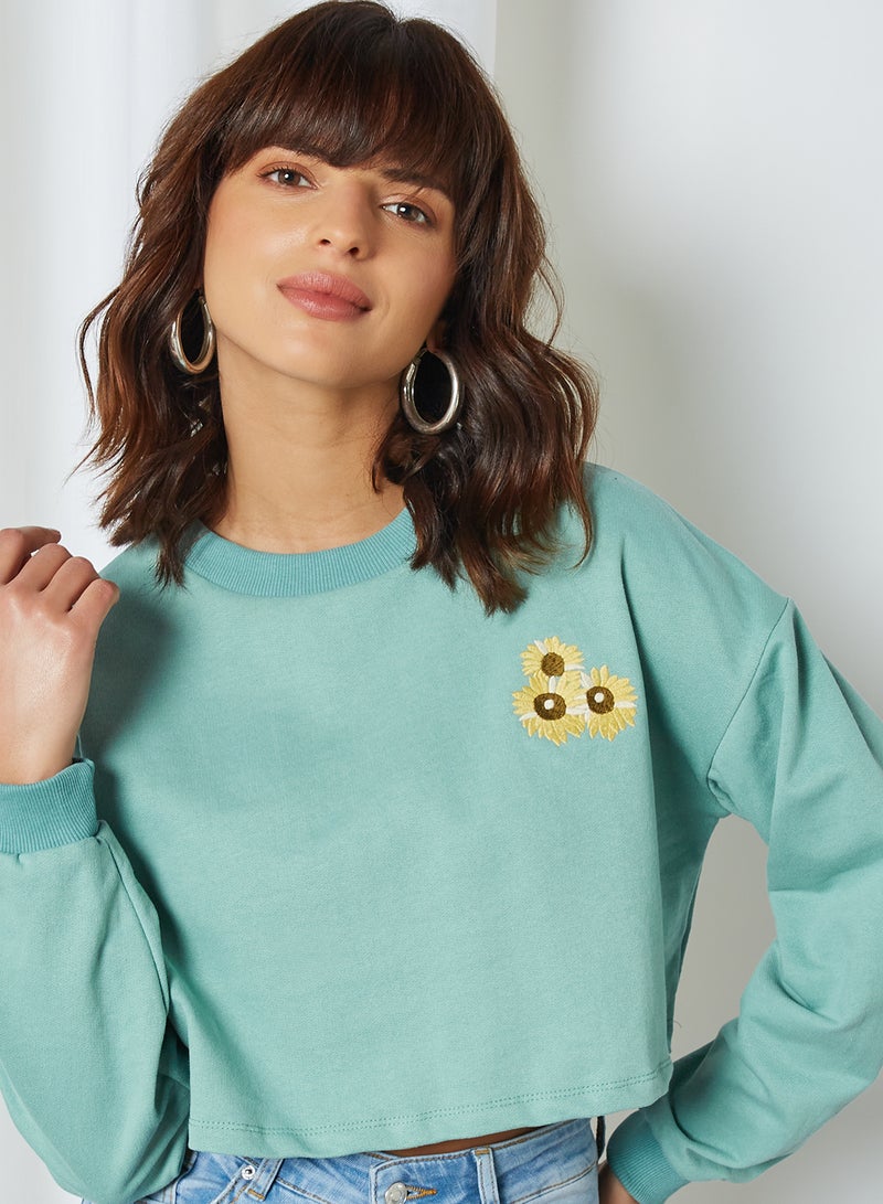 trendyol - Flower Graphic Cropped Sweatshirt Mint - Image 1