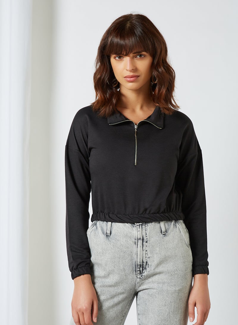 trendyol - Half-Zip Cropped Sweatshirt Black - Image 1