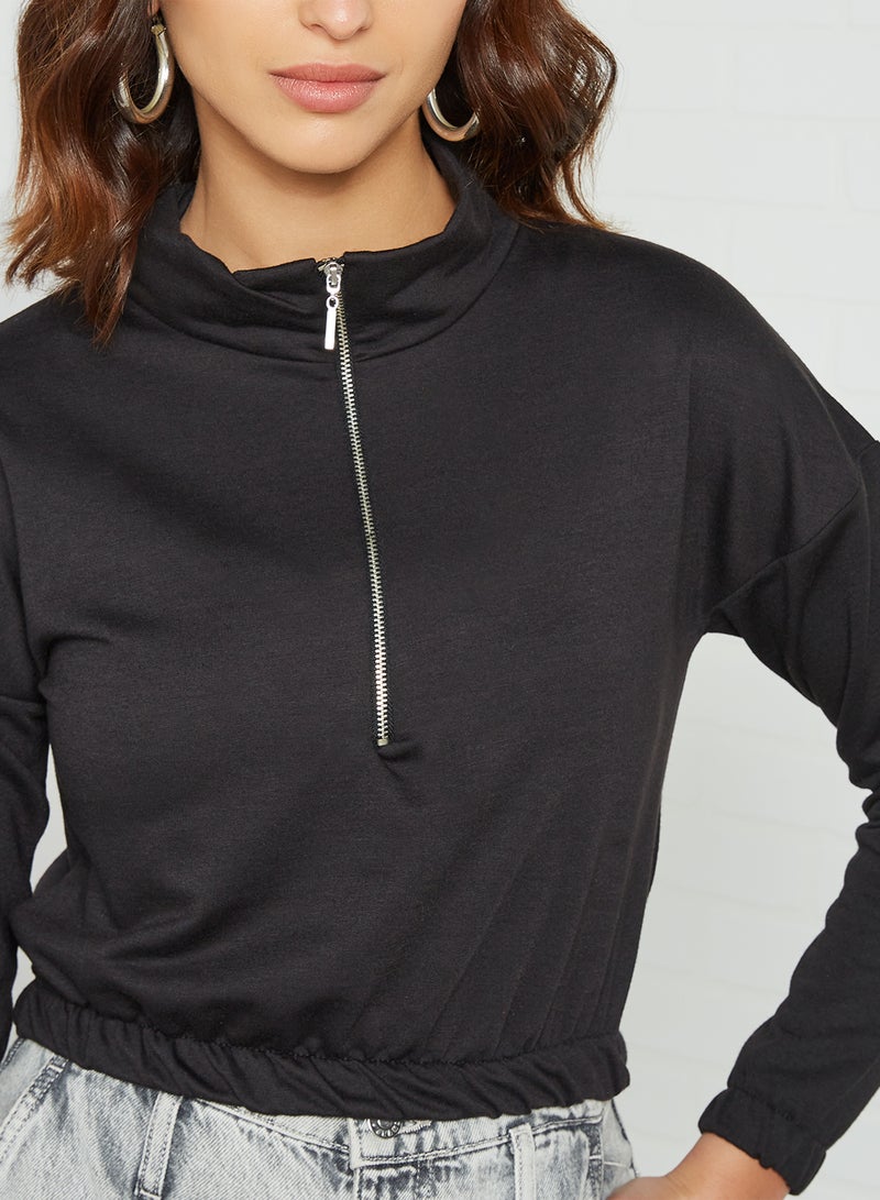 trendyol - Half-Zip Cropped Sweatshirt Black - Image 1