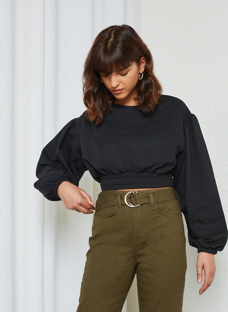 trendyol - Puffed Sleeve Cropped Sweatshirt Black - Image 1