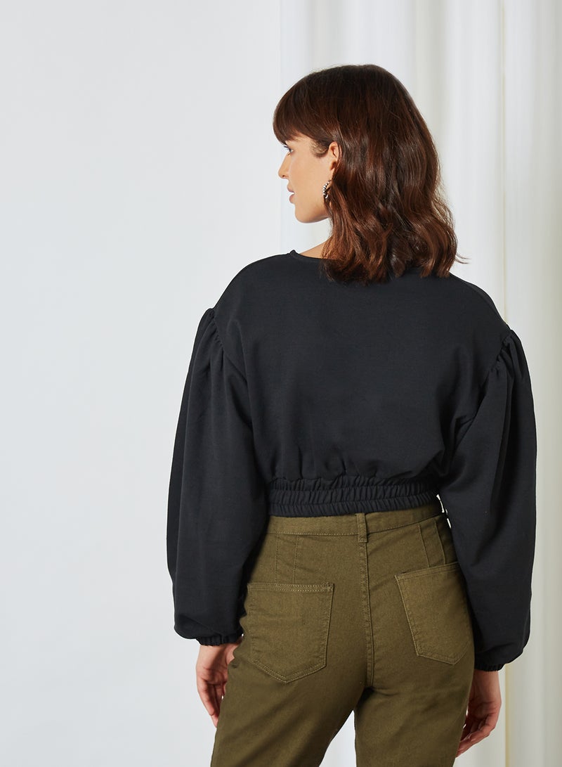 trendyol - Puffed Sleeve Cropped Sweatshirt Black - Image 1