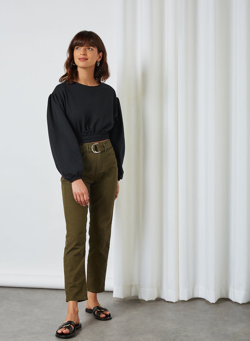 trendyol - Puffed Sleeve Cropped Sweatshirt Black - Image 1