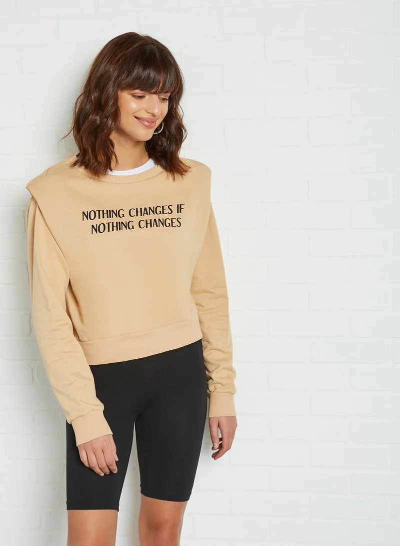 trendyol Front Text Sweatshirt Camel