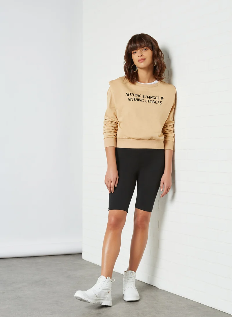trendyol Front Text Sweatshirt Camel