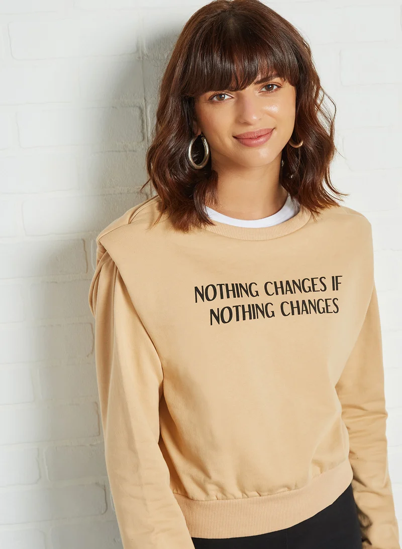 trendyol Front Text Sweatshirt Camel