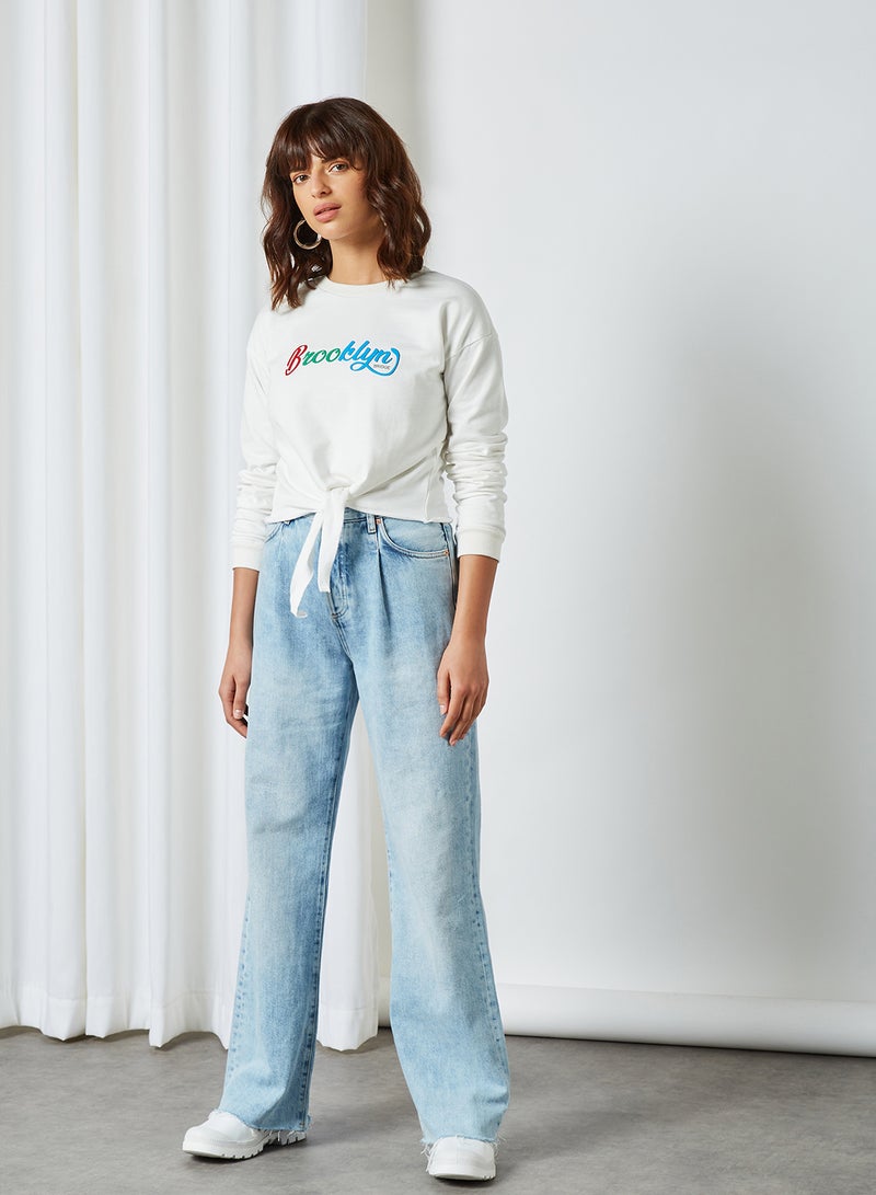 trendyol - Knotted Front Cropped Sweatshirt Ecru - Image 1