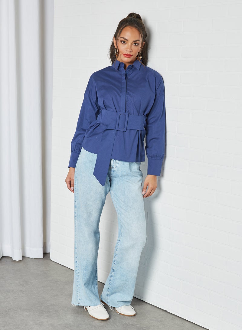 trendyol Belted Shirt Indigo - Image 3