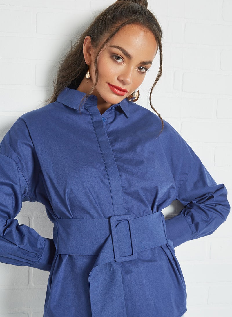 trendyol Belted Shirt Indigo - Image 4