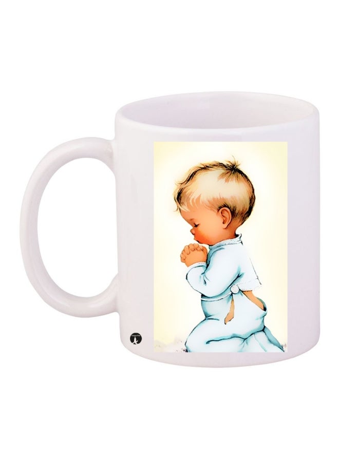 بي بي مج قهوة من السيراميك مزين بطبعة أبيض/بيج/أصفر