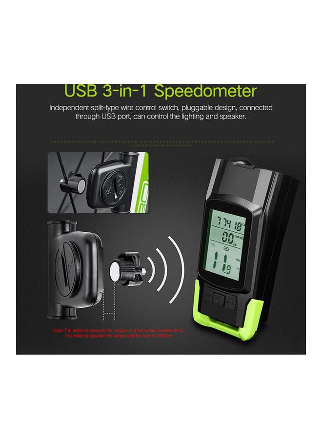 Generic - USB 3-in-1 Speedometer Plus Headlights Horn Bicycle 11x7cm - Image 1
