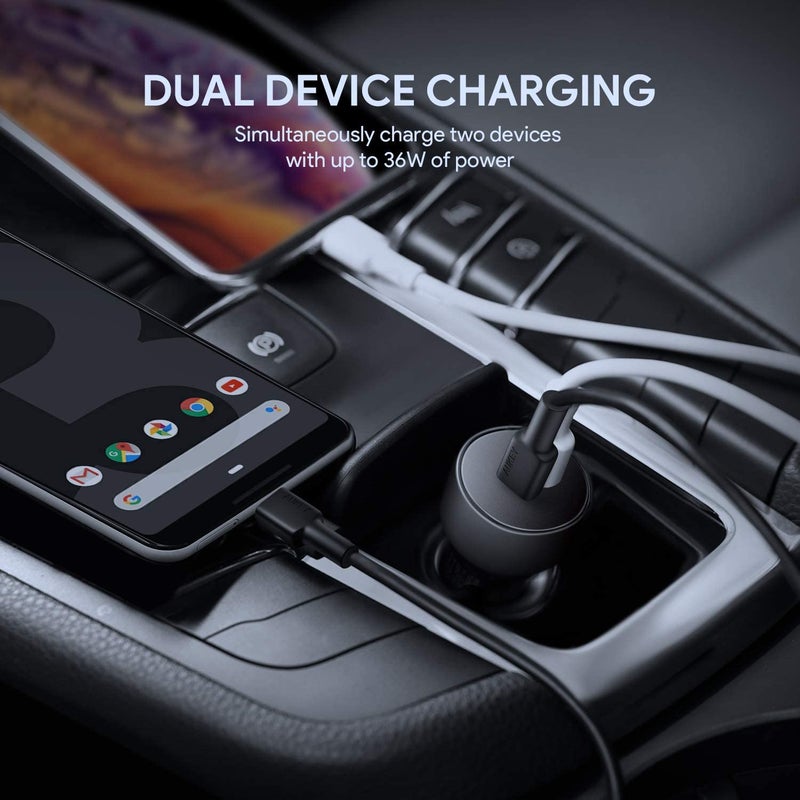 Aukey Dual Port USB-C 36W PD Car Charger,CC-Y10 Black - Image 3