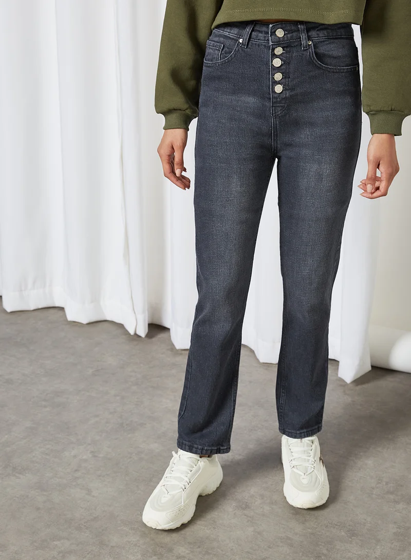trendyol Buttoned Mid-Rise Jeans Grey