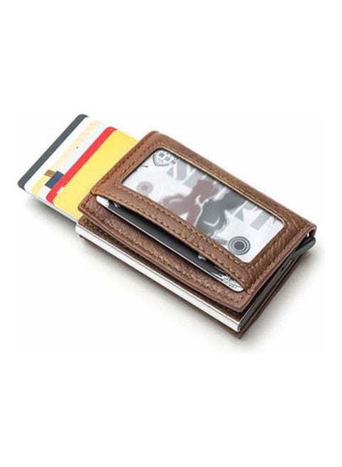 محفظة جلدية وحامل بطاقات معدني. بني
