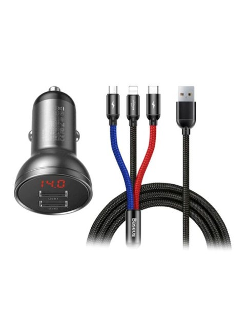 Dual USB Phone Car Charger With 3-In-1 Multi Port Usb Cable Black/Red/Blue