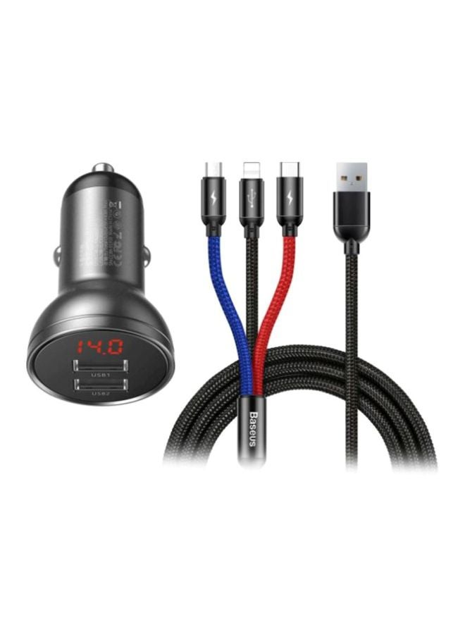 Baseus - Dual USB Phone Car Charger With 3-In-1 Multi Port Usb Cable Black/Red/Blue - Image 1