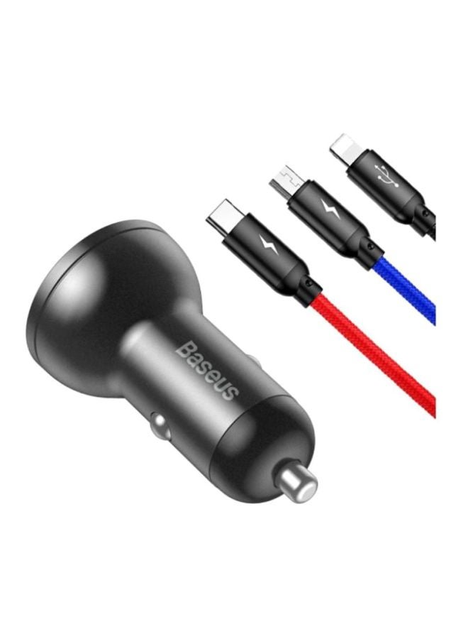 Baseus - Dual USB Phone Car Charger With 3-In-1 Multi Port Usb Cable Black/Red/Blue - Image 1