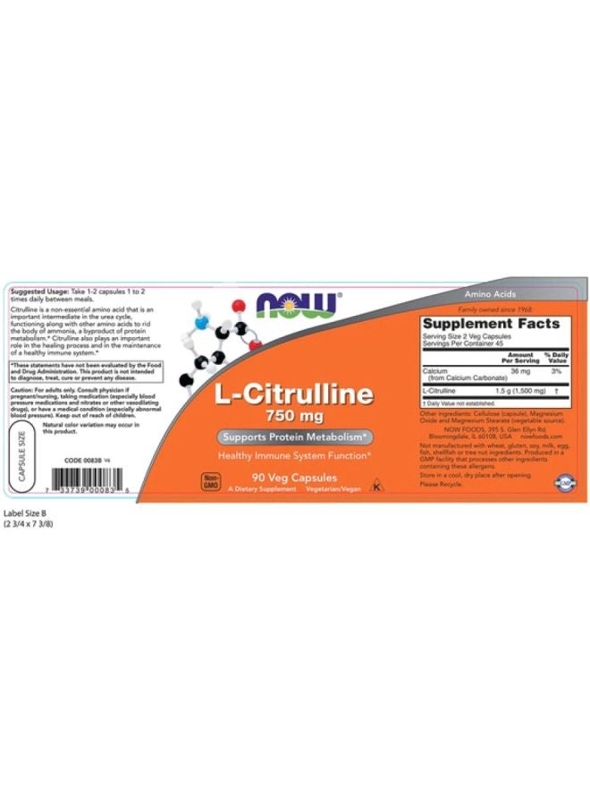 Now Foods - L-Citrulline Dietary Supplement 750mg - 90 Veg Capsules - Image 1