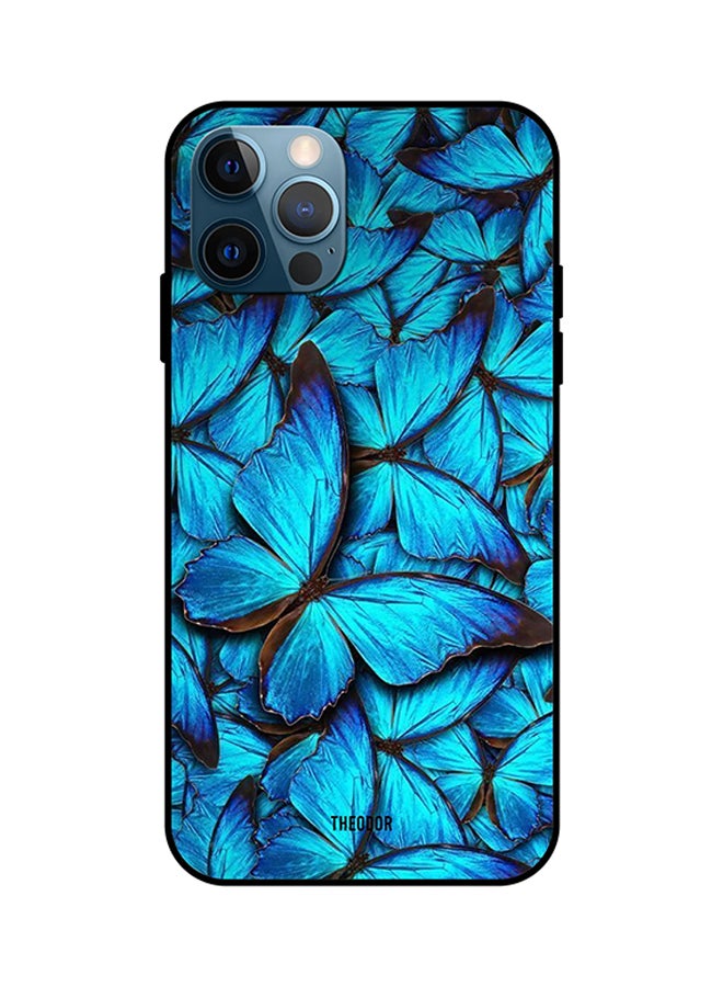غطاء حماية مزين بتصميم فراشة زرقاء لهاتف آيفون 12 برو أسود/أزرق