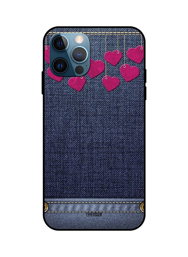 Protective Case Cover For iPhone 12 Pro Jeans With Heart Blue/Pink