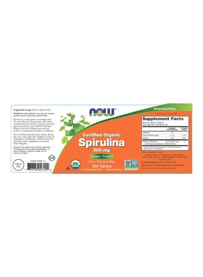 Now Foods - Certified Organic Spirulina 500mg Dietary Supplement - 500 Tablets - Image 1