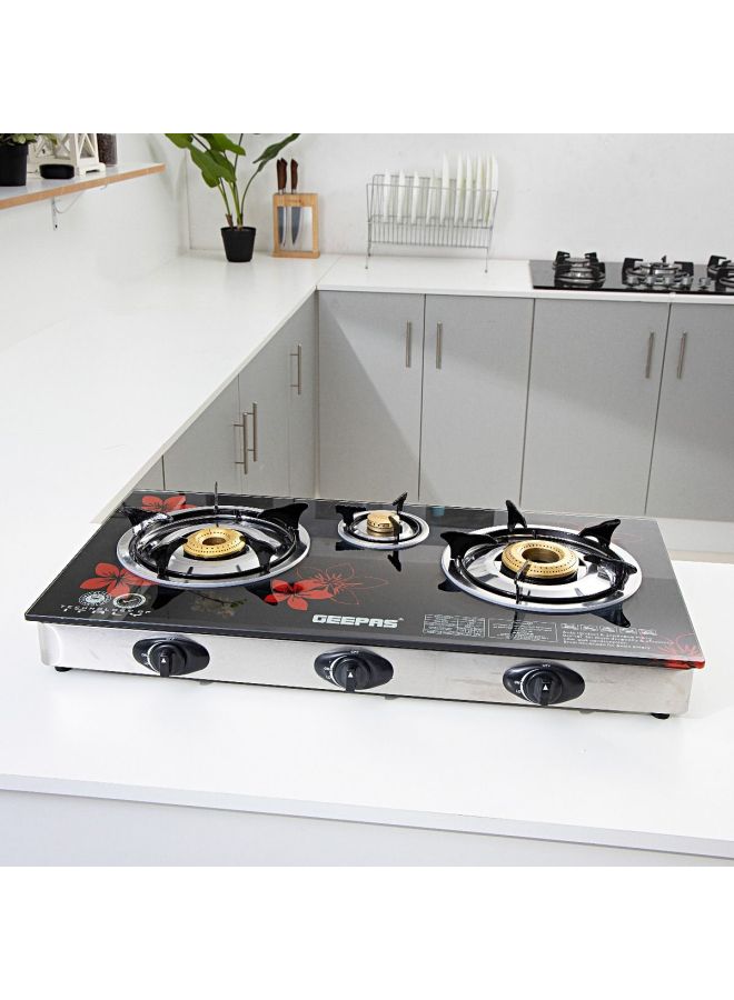 GEEPAS - Gas Cooker, 8mm Tempered Glass Top, GK6759 | Triple Burner Gas Stove | Stainless Steel Frame & Tray | Japanese Piezo | Iron Mixing Tube, Piezo Ignition, Easy To Clean GK6759 Black - Image 1
