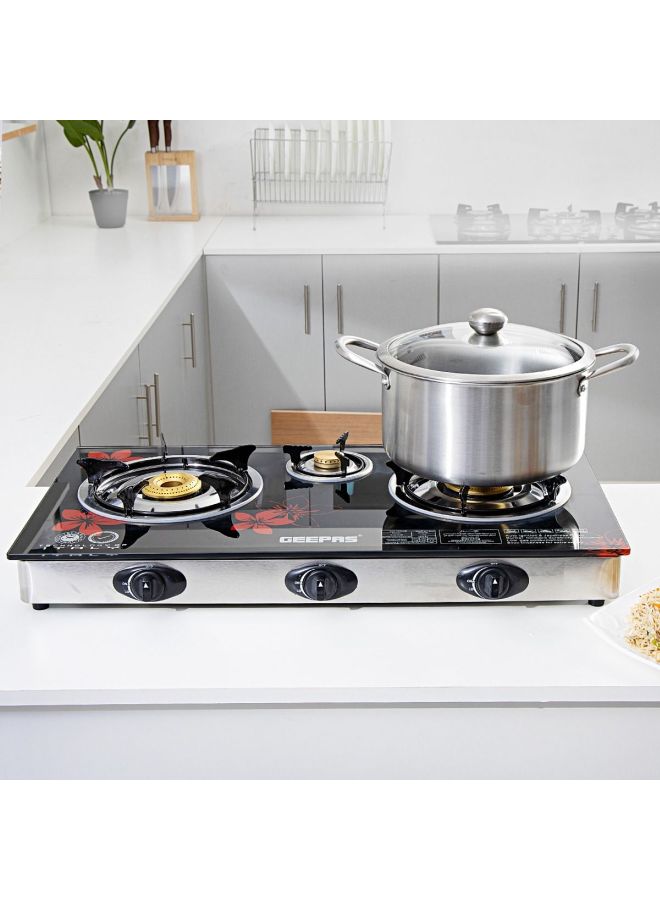 GEEPAS - Gas Cooker, 8mm Tempered Glass Top, GK6759 | Triple Burner Gas Stove | Stainless Steel Frame & Tray | Japanese Piezo | Iron Mixing Tube, Piezo Ignition, Easy To Clean GK6759 Black - Image 1