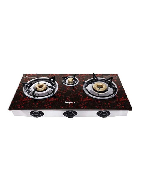 3 Burner Glass Top Gas Stove with FFD - Quality Pan Support, Brass Burners, Spill Tray, Auto Ignition, Toughened Glass, Flame Failure Device, Blue Flame, Ergonomic Knobs IGS 1213F Black/Red/Silver