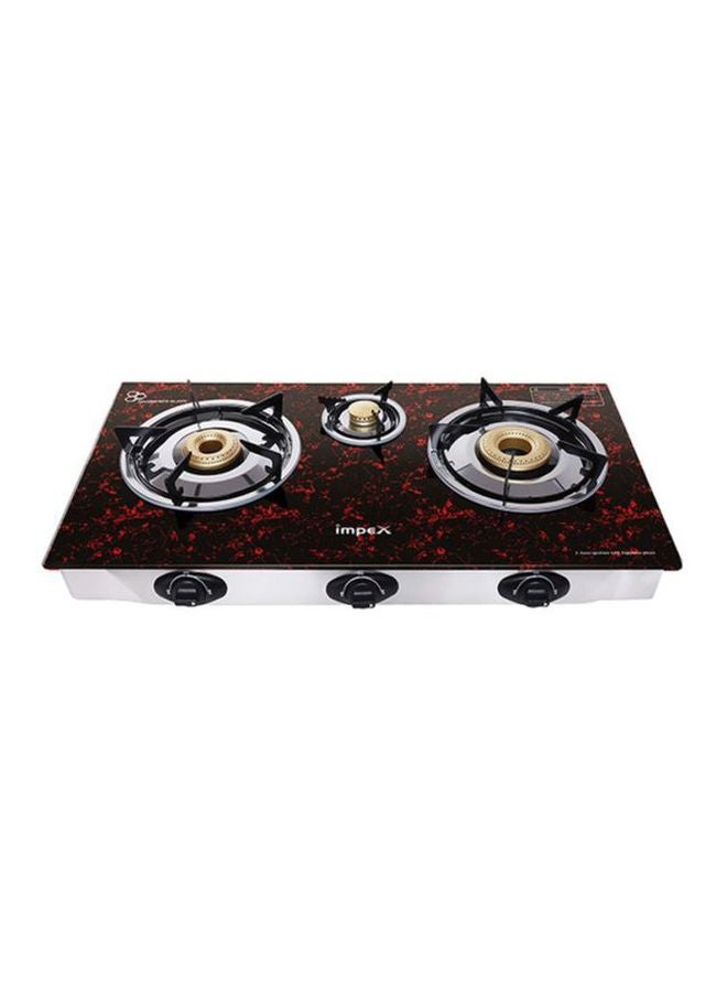 Impex - 3 Burner Glass Top Gas Stove with FFD - Quality Pan Support, Brass Burners, Spill Tray, Auto Ignition, Toughened Glass, Flame Failure Device, Blue Flame, Ergonomic Knobs IGS 1213F Black/Red/Silver - Image 1