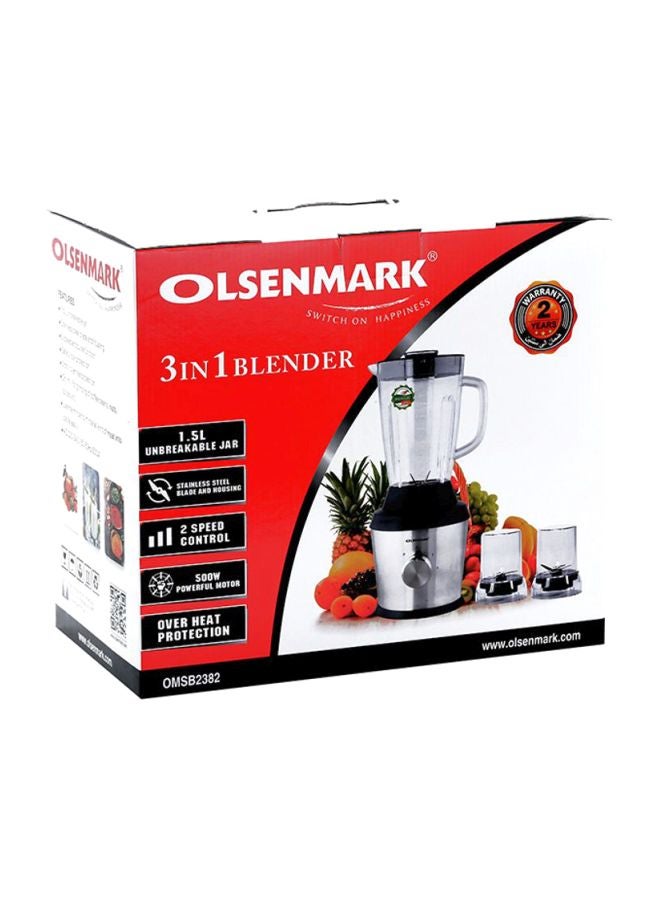 أولسنمارك - خلاط متعدد الوظائف 1 في 3 1.5 L 500 W OMSB2382 فضي/أسود/شفاف - Image 1